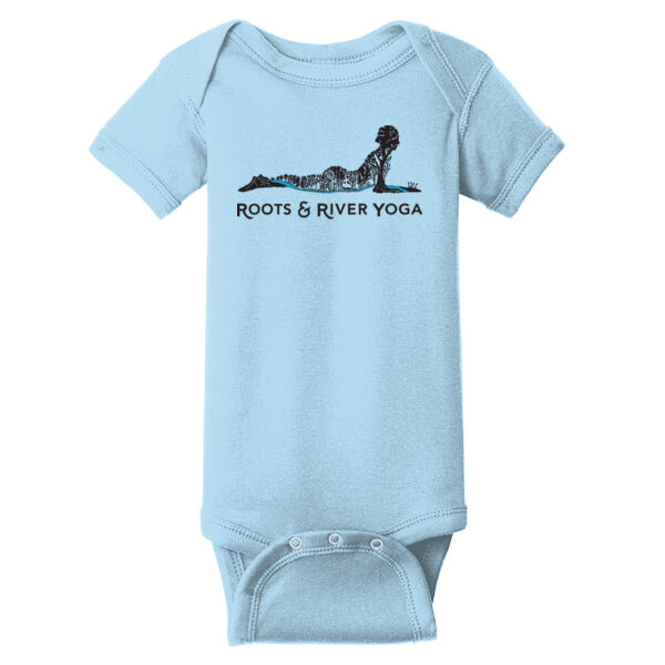 Roots & River Yoga Black Printed logo - Infant Short Sleeve Baby Rib Bodysuit Thumbnail